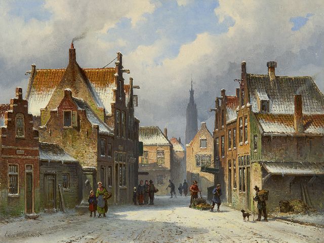 Eduard Alexander Hilverdink | Besneeuwde dorpsstraat met de Nieuwe Kerk van Delft in de verte, olieverf op paneel, 26,4 x 35,0 cm, gesigneerd l.o.