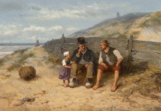 Jan H.B. Koekkoek | Rustende vissersfamilie op het strand van Scheveningen, olieverf op paneel, 31,1 x 45,1 cm, gesigneerd r.o.