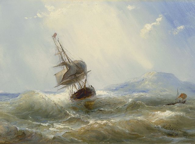 Nicolaas Riegen | Tweemaster op woelige zee, olieverf op paneel, 26,7 x 35,0 cm, gesigneerd r.o.