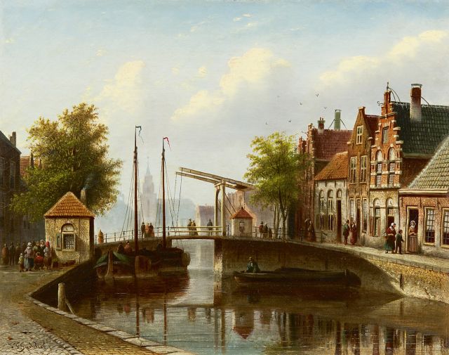 Johannes Franciscus Spohler | Hollands grachtje met ophaalbrug, olieverf op doek, 35,0 x 43,5 cm, gesigneerd l.o.