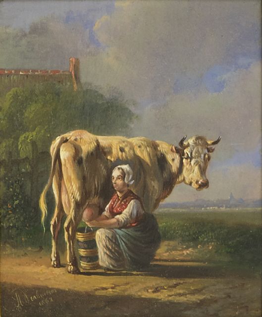 Albertus Verhoesen | Melkster, olieverf op paneel, 12,5 x 10,4 cm, gesigneerd l.o. en gedateerd 1863