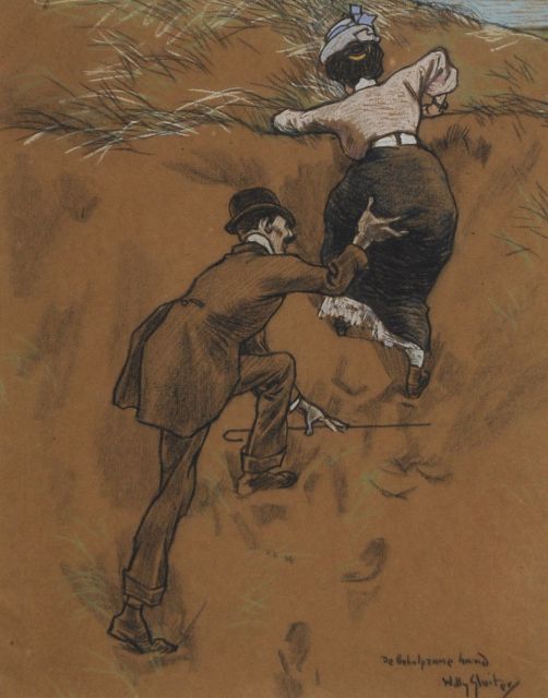 Willy Sluiter | De behulpzame hand, krijt op gekleurd papier, 38,7 x 31,5 cm, gesigneerd r.o. en te dateren ca. 1908