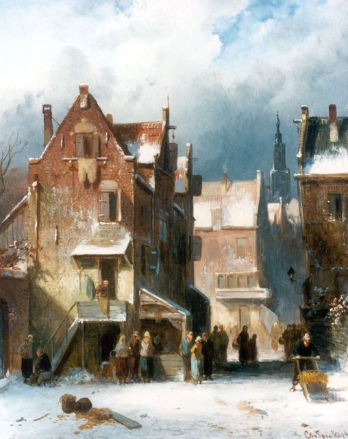Charles Leickert | Bedrijvigheid in een winters stadje, olieverf op paneel, 29,0 x 24,7 cm, gesigneerd r.o.