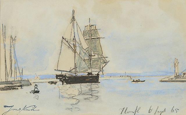 Johan Barthold Jongkind | De haven van Honfleur, krijt en gouache op papier, 14,0 x 23,0 cm, gesigneerd l.o. met naamstempel en gedateerd 6 Sept. 65