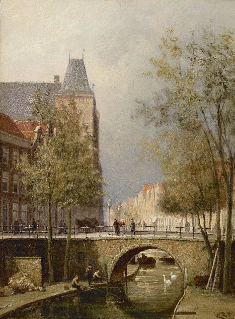 Cornelis Christiaan Dommelshuizen | Gezicht op de Oudegracht met stadskasteel Oudaen, Utrecht, olieverf op doek, 28,3 x 21,3 cm, gesigneerd r.o. met initialen en gedateerd '94