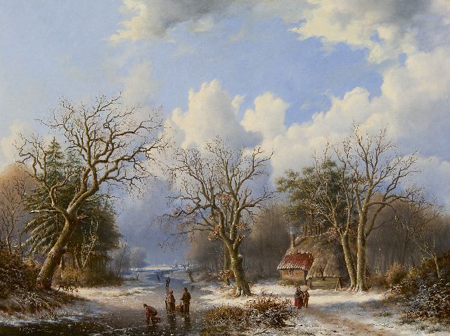 Everardus Mirani | Winterlandschap met schaatsers op bevroren rivier, olieverf op paneel, 47,5 x 62,5 cm, gesigneerd l.o. en gedateerd 1845