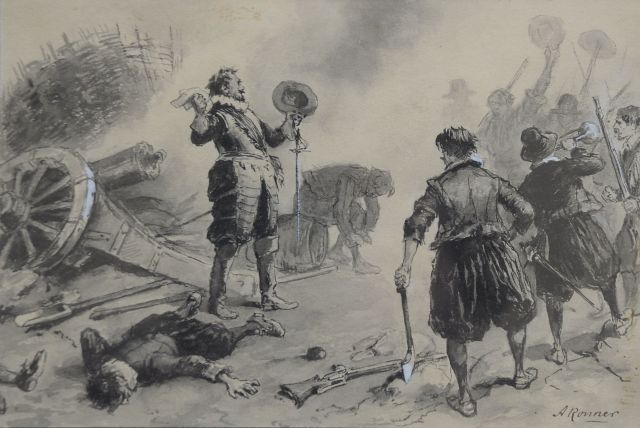 Alfred Ronner | Overwinning op het slagveld, inkt en gouache op papier, 14,7 x 21,7 cm, gesigneerd r.o.