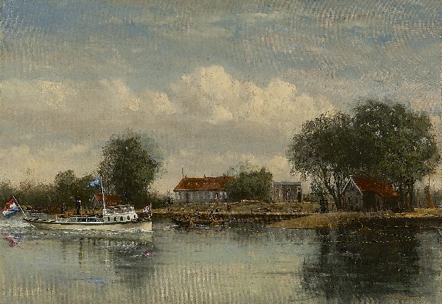 François Carlebur | Gezicht op de zalmvisserij 'De Goede Verwachting' aan de Nieuwe Maas bij IJsselmonde, olieverf op doek, 39,5 x 56,2 cm, gesigneerd r.o. en te dateren ca. 1885