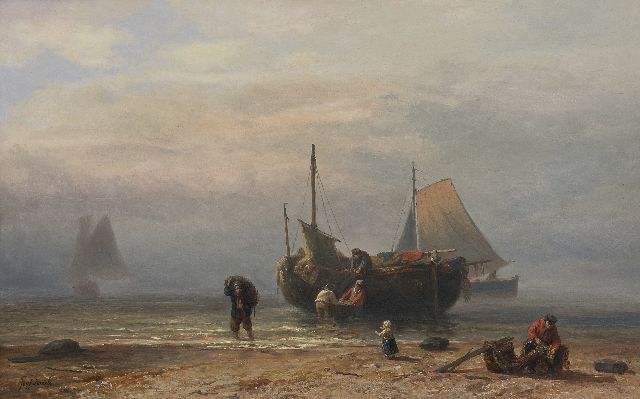 Jozef Israëls | Bomschuit en vissers op het strand (vermoedelijk Zandvoort), olieverf op paneel, 45,0 x 72,1 cm, gesigneerd l.o. en op etiket op verso