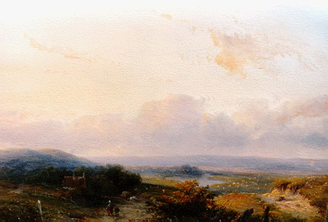 Josephus Gerardus Hans | Reizigers in panoramisch landschap, olieverf op paneel, 30,0 x 40,5 cm, gesigneerd r.o. en gedateerd '48