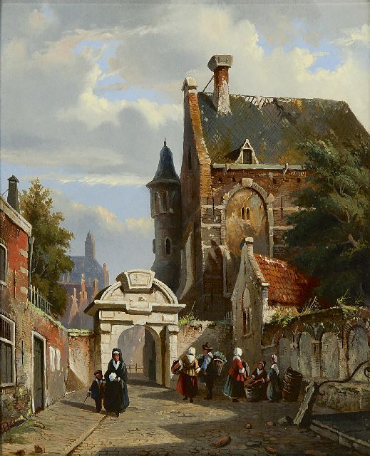 Adrianus Eversen | Stadsgezicht met de Amsterdamse Zuiderkerkhofpoort, olieverf op paneel, 26,1 x 21,3 cm, gesigneerd l.o. met monogram en te dateren ca 1852