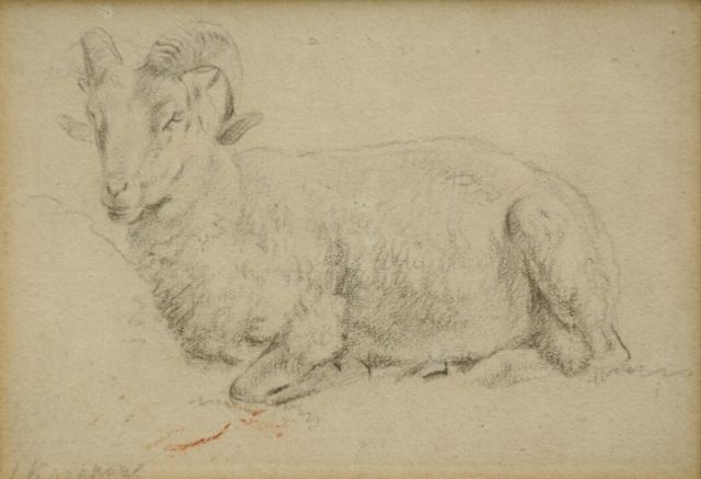 Barend Cornelis Koekkoek | Studie van een ram, krijt op papier, 7,2 x 10,4 cm, gesigneerd l.o.