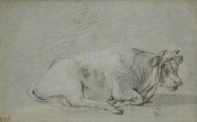 Barend Cornelis Koekkoek | Studie van een rustende koe, krijt op gekleurd papier, 13,2 x 21,0 cm, gesigneerd l.o. met initialen