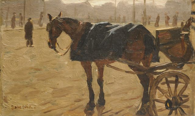 Felicien Bobeldijk | Wachtend paard met koets, olieverf op doek op board, 13,4 x 22,0 cm, gesigneerd l.o.