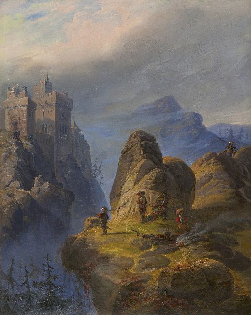 Gillis Haanen | Belegeraars op overhangende rots, olieverf op doek, 38,0 x 30,0 cm, te dateren ca. 1853