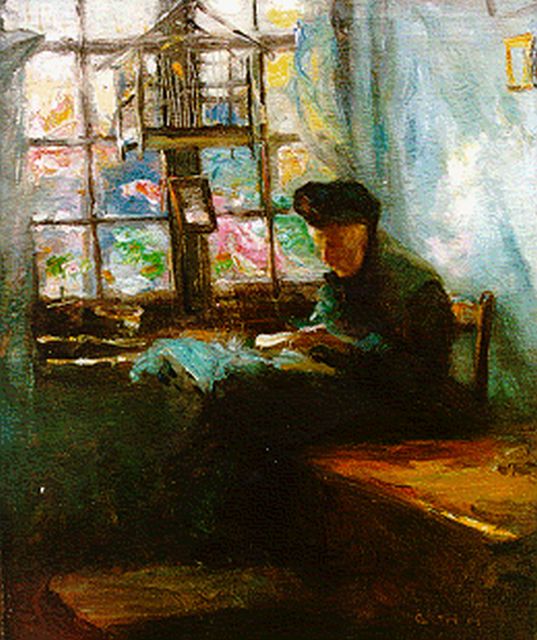 Góth M.  | Lezende vrouw voor een venster, olieverf op doek 60,0 x 50,0 cm, gesigneerd r.o.