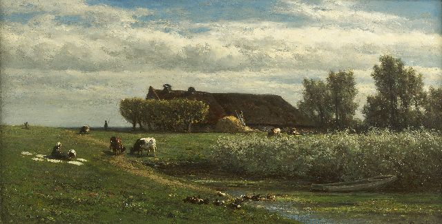 Willem Roelofs | Polderlandschap met boerin bij de bleek, olieverf op paneel, 23,0 x 45,1 cm, gesigneerd r.o.