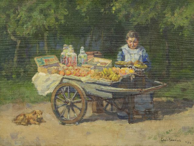 Louis Soonius | Straatverkoopster met fruit en snoepgoed, olieverf op doek, 30,5 x 40,5 cm, gesigneerd r.o. en gedateerd 1952