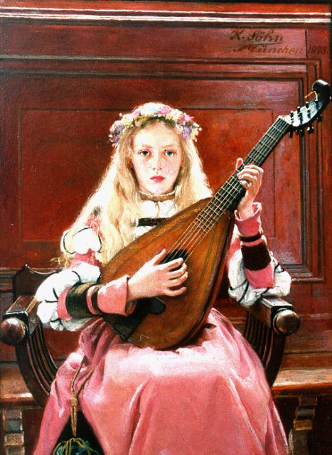 Sohn K.W.  | Meisje met luit, olieverf op paneel 18,0 x 13,7 cm, gesigneerd r.b. en gedateerd 1898