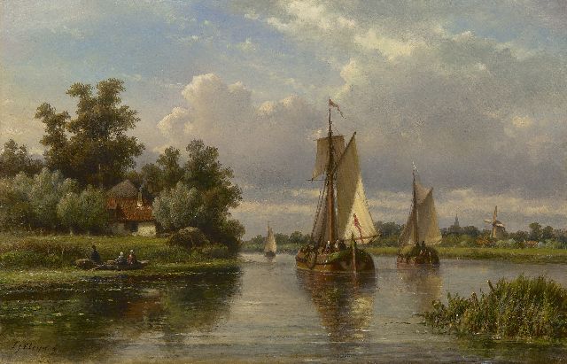 Lodewijk Johannes Kleijn | Zeilende vrachtschepen op een rivier, olieverf op paneel, 33,8 x 52,2 cm, gesigneerd l.o.
