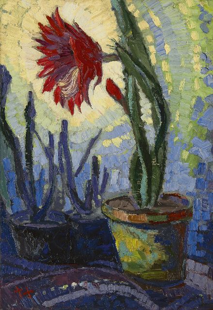 Jan Kruysen | Bloeiende cactus, olieverf op schildersboard, 60,8 x 43,0 cm, gesigneerd l.o. met  monogram