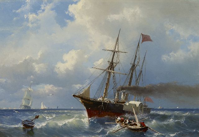 Coen Greive | Raderboot voor de kust, olieverf op paneel, 27,1 x 40,0 cm, gesigneerd r.o. en te dateren ca. 1860