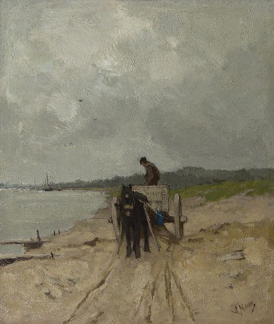 Anton Mauve | Zandrijder aan de oever van de rivier de Rijn, olieverf op doek, 32,9 x 28,1 cm, gesigneerd r.o. en te dateren ca. 1875-1880