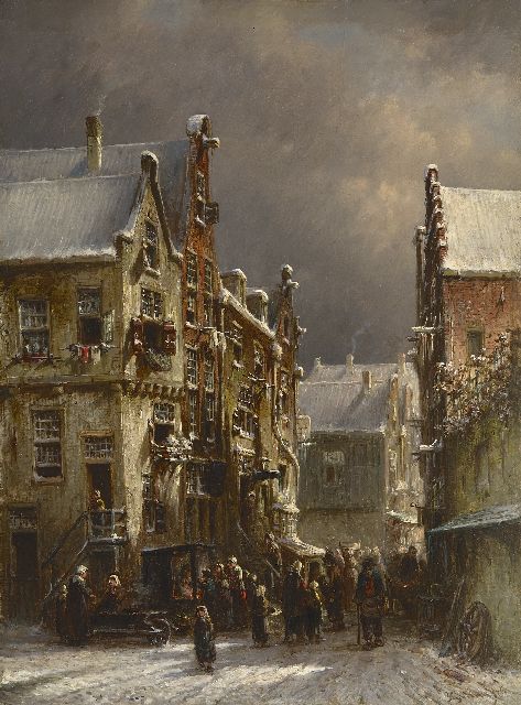 Petrus Gerardus Vertin | Drukbevolkt straatje in de winter, olieverf op paneel, 41,5 x 30,7 cm, gesigneerd r.o. en gedateerd '76