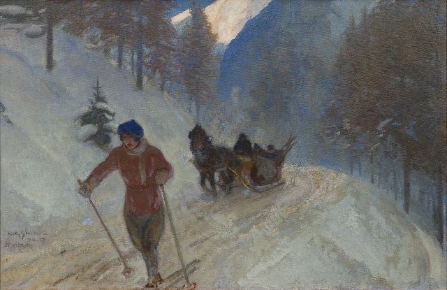 Sluiter J.W.  | Skiester in St. Moritz, olieverf op doek 65,0 x 100,1 cm, gesigneerd l.o. en gedateerd 'St Moritz' Jan. 27