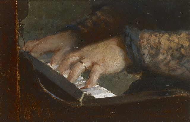 Albert Lang | Pianospelende Marie Lang, de  vrouw van de schilder, olieverf op board, 14,1 x 21,1 cm