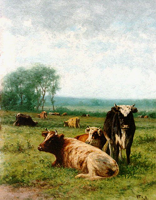 Willem Frederik Hulk | Koeien in de wei, olieverf op paneel, 30,5 x 23,2 cm, gesigneerd r.o.