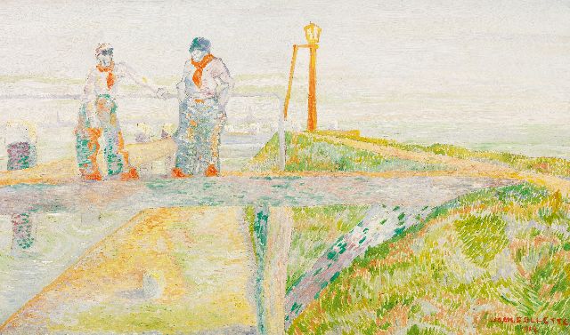 Joan Collette | Vissers op de dijk, olieverf op board, 45,7 x 76,6 cm, gesigneerd r.o. en gedateerd 1914