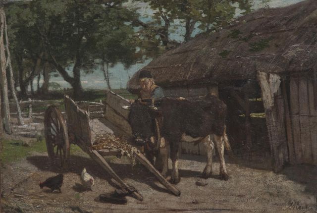 Anton Mauve | Het inspannen van de jonge stier, olieverf op paneel, 28,0 x 41,0 cm, gesigneerd r.o.