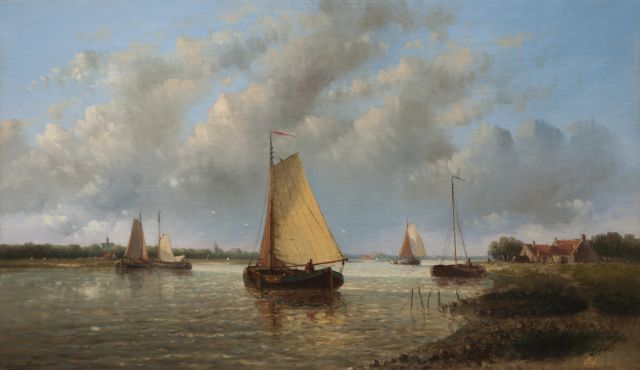 Hendrik Hulk | Hollands riviergezicht met zeilschepen, olieverf op doek, 34,4 x 57,6 cm, gesigneerd r.o.