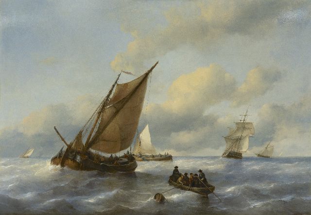 Antonie Waldorp | Laverende platbodems en een brik voor de kust, olieverf op paneel, 82,4 x 117,0 cm, gesigneerd op de spiegel van de roeiboot