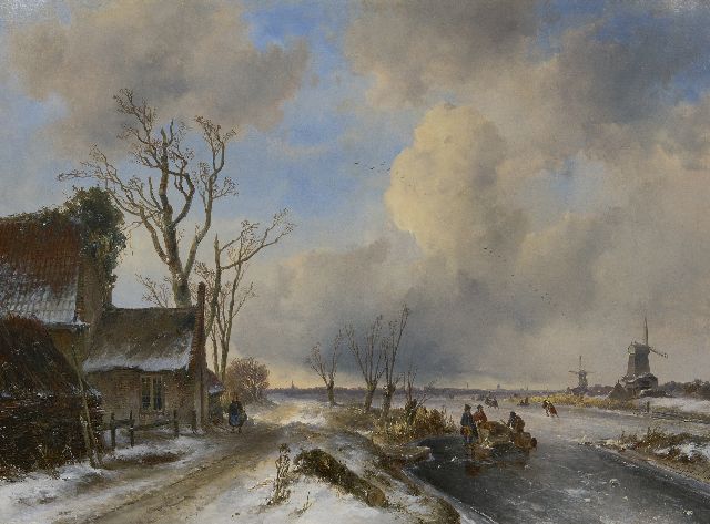 Johan Barthold Jongkind | Schaatsers en duwslede op bevroren vaart, olieverf op doek, 59,2 x 80,3 cm, gesigneerd r.o. en gedateerd '44