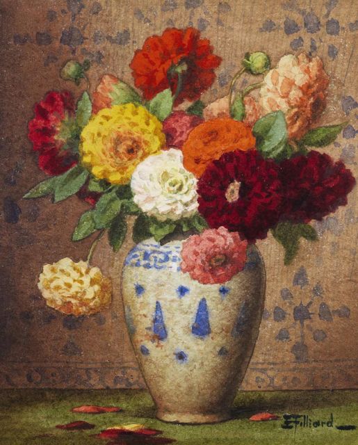 Ernest Filliard | Vaas met dahlia's, aquarel op papier, 16,5 x 13,5 cm, gesigneerd r.o.