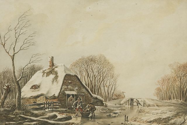 Andreas Schelfhout | Het laden van de duwslede, inkt en aquarel op papier, 19,5 x 27,8 cm, gesigneerd l.o. en te dateren ca. 1810-1815