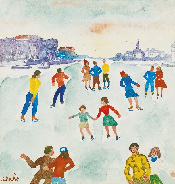 Ferry Slebe | Kunstschaatsen op het ijs, aquarel op papier, 22,5 x 22,4 cm, gesigneerd l.o.