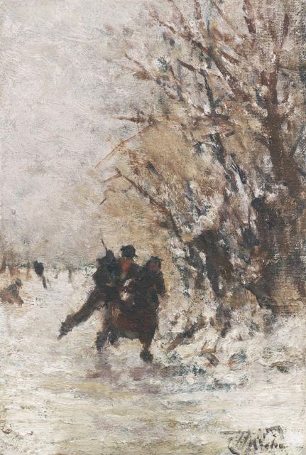 Henri van Seben | Schaatspaar in een winterlandschap, olieverf op doek op paneel, 17,4 x 11,7 cm, gesigneerd r.o.