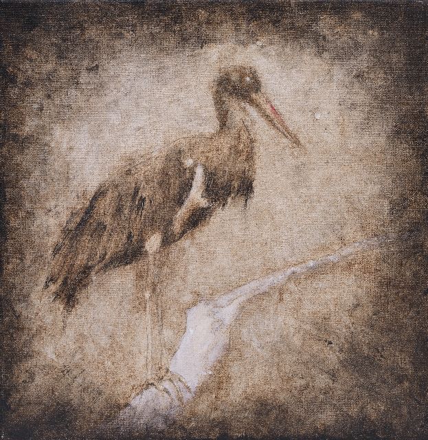 Malou Elshout | Birth, olieverf en acryl op doek, 29,8 x 29,8 cm, gesigneerd op spieraam met initialen en gedateerd 2014