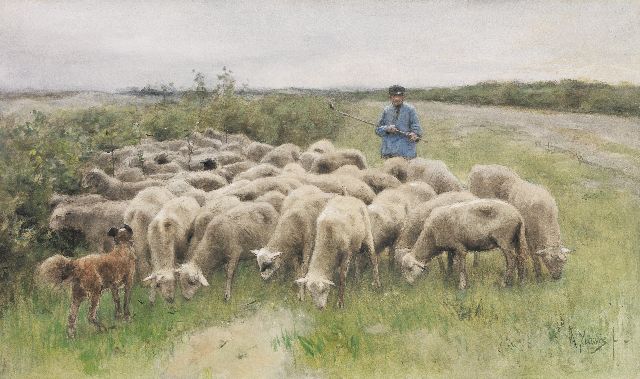 Anton Mauve | Schaapherder met kudde op de Larense hei, aquarel op papier, 55,3 x 91,0 cm, gesigneerd r.o.