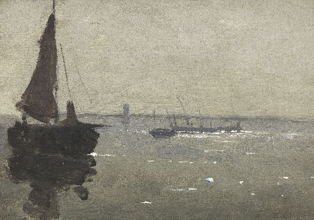 Willem Bastiaan Tholen | Vroege ochtend op het water, olieverf op doek op paneel, 15,8 x 22,1 cm, gesigneerd r.o.