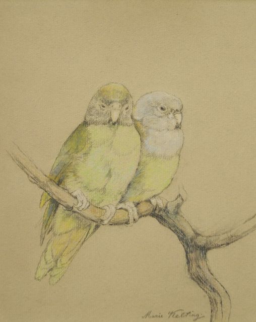 Marie Kelting | Groene parkieten op een tak, pastel op papier, 19,7 x 16,4 cm, gesigneerd r.o.