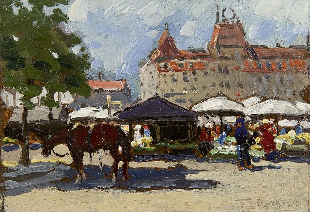 Antal Berkes | Marktplein in Boedapest, olieverf op karton, 15,6 x 22,0 cm, gesigneerd r.o. en gedateerd 1912