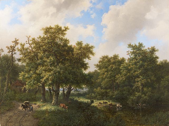 Marinus Adrianus Koekkoek I | Grazend vee op open plek in het bos, olieverf op doek, 46,8 x 62,5 cm, gesigneerd l.o. en gedateerd 1858