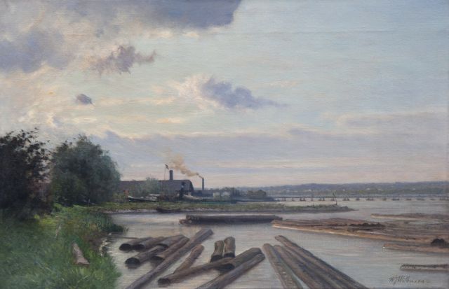 Willem Jan Willemsen | De haven van houthandel G.T. Coers aan de Rijn in Arnhem, olieverf op doek, 34,3 x 51,3 cm, gesigneerd r.o.