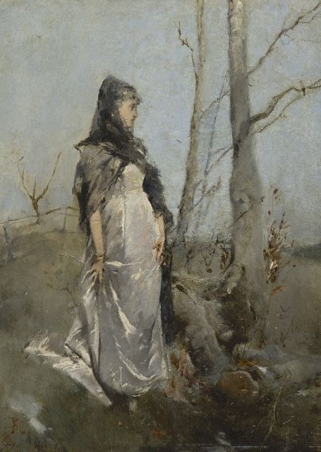 Pieter Alardus Haaxman | Vrouw in een landschap, olieverf op paneel, 34,0 x 25,5 cm, gesigneerd l.o. met monogram en gedateerd 1879