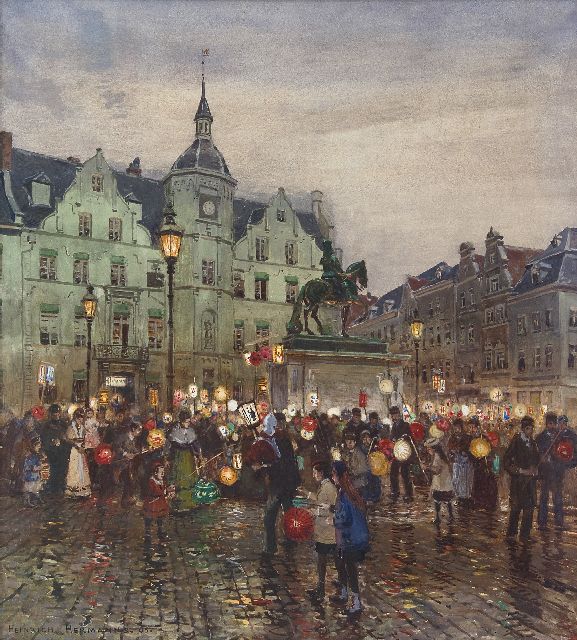 Heinrich Hermanns | Sint-Maarten optocht voor het raadhuis van Düsseldorf, aquarel en gouache op papier, 58,2 x 52,3 cm, gesigneerd l.o. en gedateerd '05