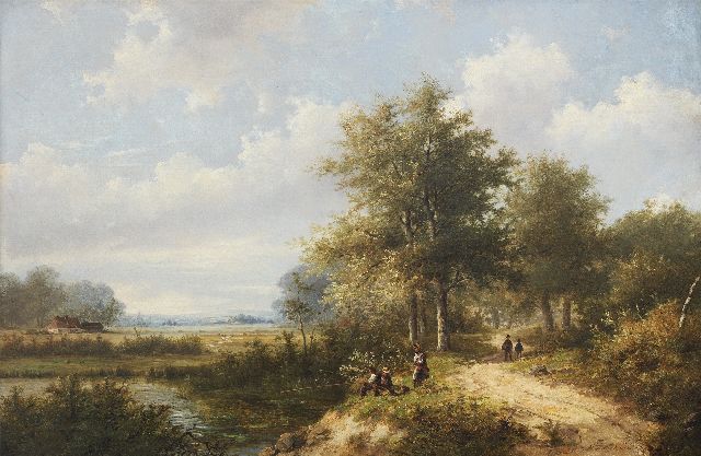 Hendrik Pieter Koekkoek | Boslandschap met hengelaars bij een beek, olieverf op doek, 41,5 x 62,3 cm, gesigneerd r.o. (tweemaal)